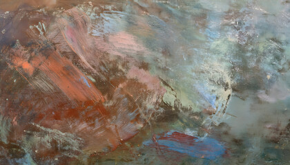 Abstract grunge texture with bold, chaotic brush strokes in black and brown, layered over a muted, textured background. The brushstrokes offer depth and interest, showcasing the artist's unique style