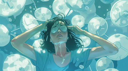 A humorous scene of a woman surrounded by fans and ice packs as she navigates a severe hot flash, playful yet empathetic tone