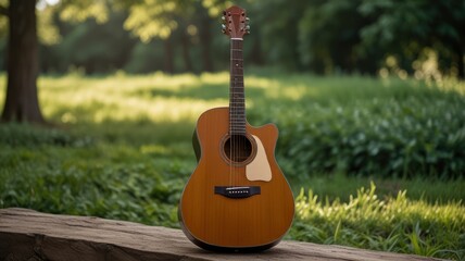 Acoustic guitar outdoors on greenery background. Concept of calm music