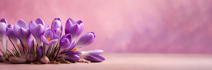 Fresh purple crocus flowers on a soft pink background.