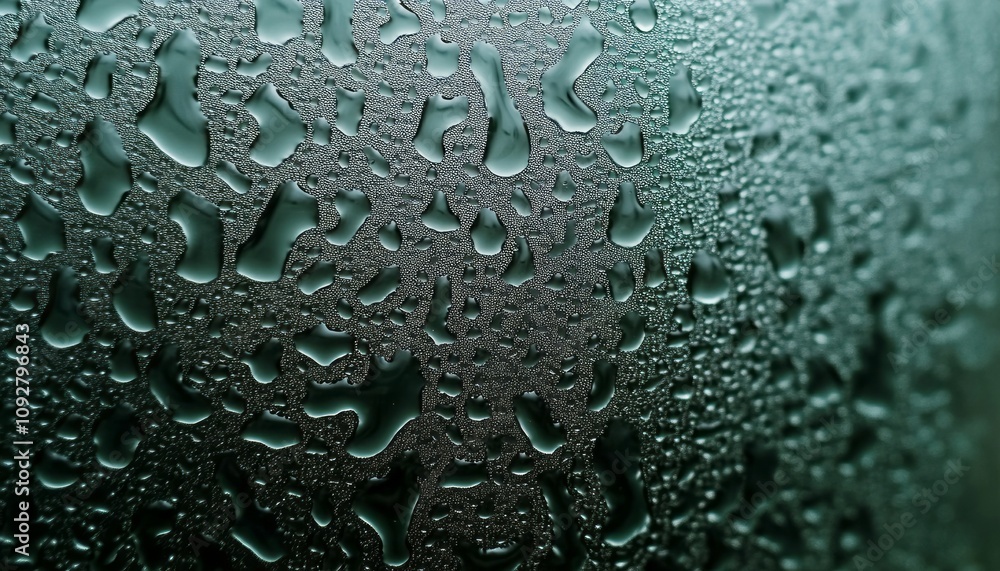 Poster water droplets create intricate patterns on a surface during the early morning hours