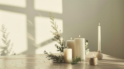 A minimalist holiday dinner table with simple decorations, white candles, and a small evergreen centerpiece, creating a peaceful and serene holiday celebration