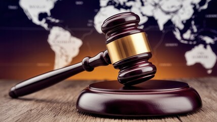 Judge's gavel in front of a map showing the parts of the globe