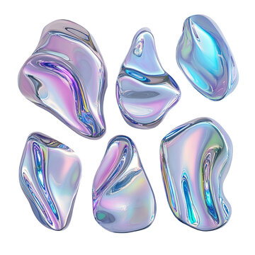 Set of six holographic liquid blobs iridescent morphing colorful abstract shapes background design element for modern poster cover branding banner placard trendy style iridescent pastel color palette