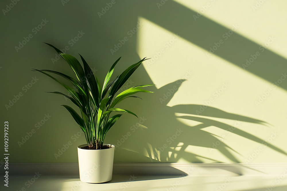 Poster sunlight casts shadows of a green plant on a light-colored wall in a serene indoor setting during th