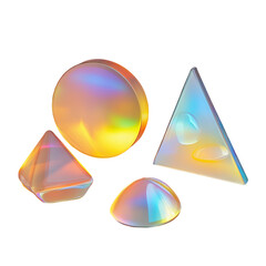 Set of iridescent geometric shapes abstract background design element holographic gradient rainbow colors modern trendy minimal style decorative glass crystal circle triangle cone pyramid isolated on