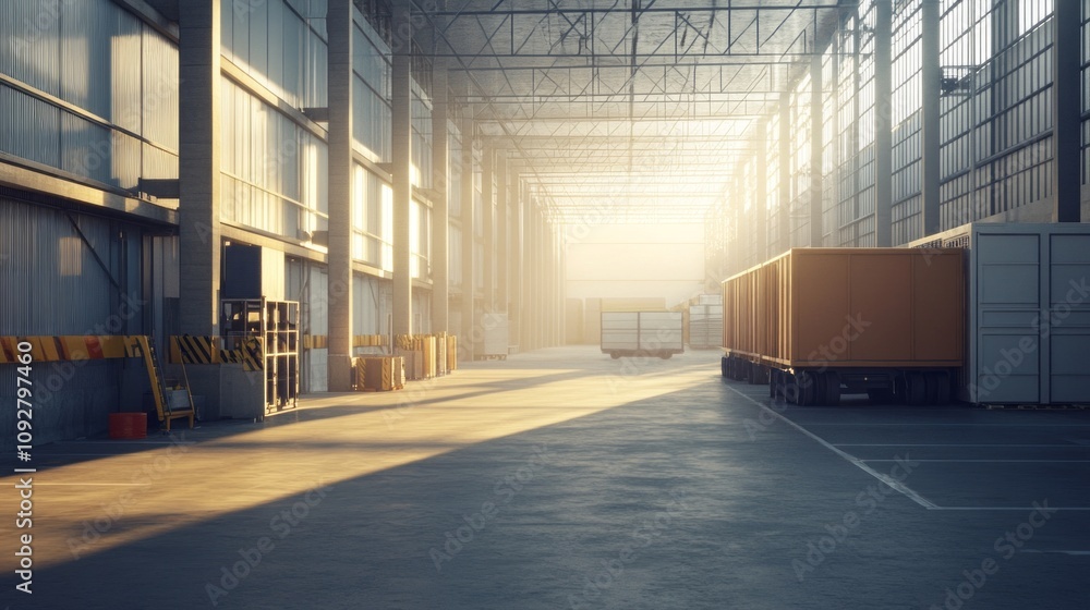 Poster a large warehouse with a lot of empty space and a few trucks
