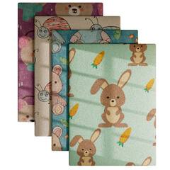 A collection of four different patterned rugs featuring rabbits and carrots