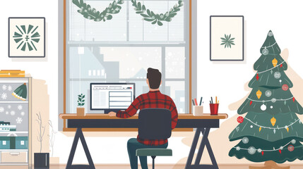 A peaceful home office during the holiday season, decorated with simple festive accents, with a remote worker enjoying the calm and cozy atmosphere
