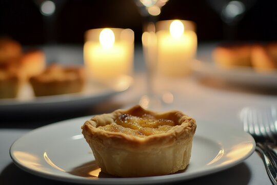 Candlelit dinner setting with dessert tart on white plate - Powered by Adobe