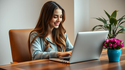 Fototapeta premium Businesswoman working on laptop, Work from home, Digital Marketing, Smiling Young Woman Working on Laptop in a Modern Office