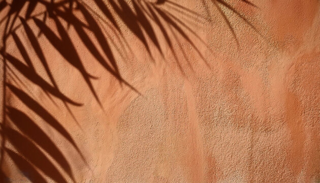 Abstract shadows of leaves cast on a terracotta texture wall create a natural and calming visual effect, ideal for backgrounds or design inspiration. The scene evokes warmth and tranquility.