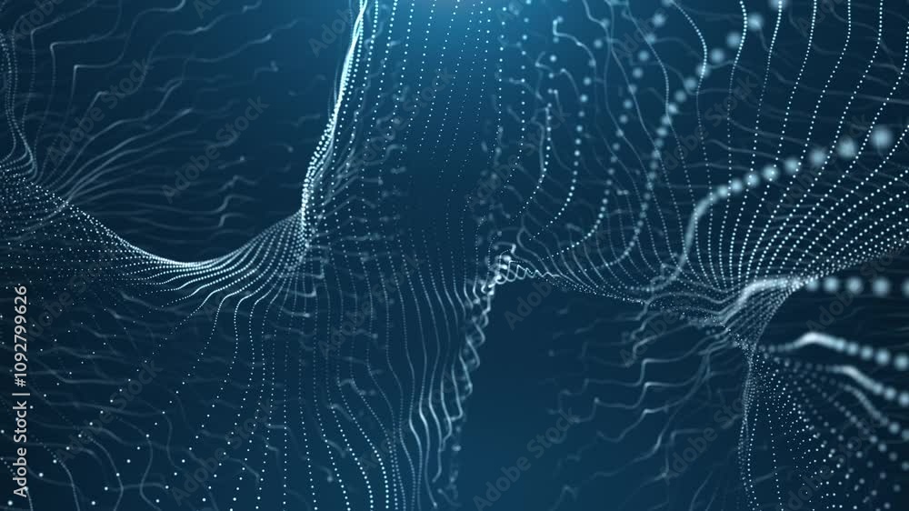 Poster abstract glowing wave from of particles and dots moves on a blue background, big data visualization,