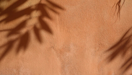Abstract shadows of leaves cast on a terracotta texture wall create a natural and calming visual effect, ideal for backgrounds or design inspiration. The scene evokes warmth and tranquility.
