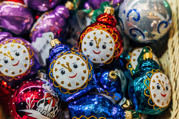 Christmas tree decorations on a store counter close-up