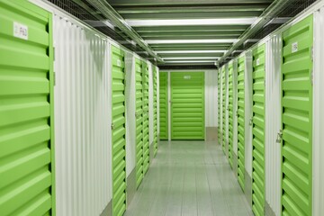 Background shot of green metal door closed on latch with lock on leading to self storage unit at...