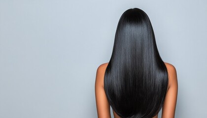 Fototapeta premium A person showcases their long, glossy black hair against a soft grey backdrop