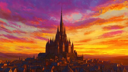 Naklejka premium A majestic castle silhouette against a vibrant sunset sky.