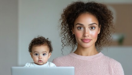 Woman stands with baby in arms, focused on laptop in a bright home office setting