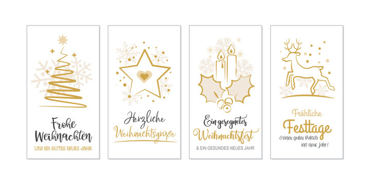 Weihnachtsgru&szlig;karten-Set - deutscher Text - goldene Weihnachtliche Motive auf wei&szlig;em Hintergrund - Frohe Weihnachten, Herzliche Weihnachtsgr&uuml;&szlig;e, ein gesegnetes Weihnachtsfest, fr&ouml;hliche Festtage