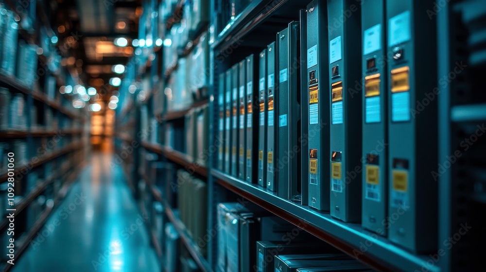 Poster captivating perspective of an organized archive with neatly stacked file boxes, dim lighting, and a 