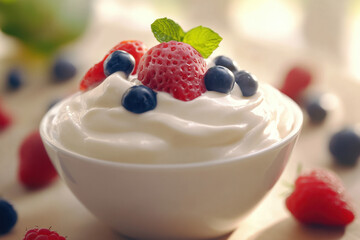 A bowl of creamy yogurt topped with fresh strawberries, blueberries, and a sprig of mint, set against a softly blurred background.