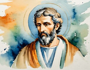 Watercolour Painting of Saint Luke. Bliblical illustration Watercolour 