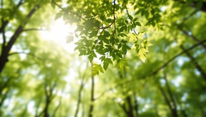 Fototapeta premium Lush Green Forest Canopy Sunlight Through Leaves Spring Nature Scene