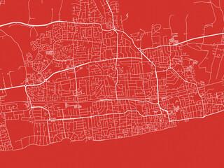 Christmas Map of Worthing, United Kingdom in Snowy White on Festive Red Background.