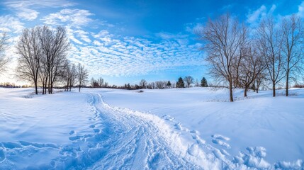 Obraz premium Expansive Winter Panorama of a Serene Landscape Blanketed in Snow with Clear Blue Skies and Scenic Trees in a Peaceful Setting