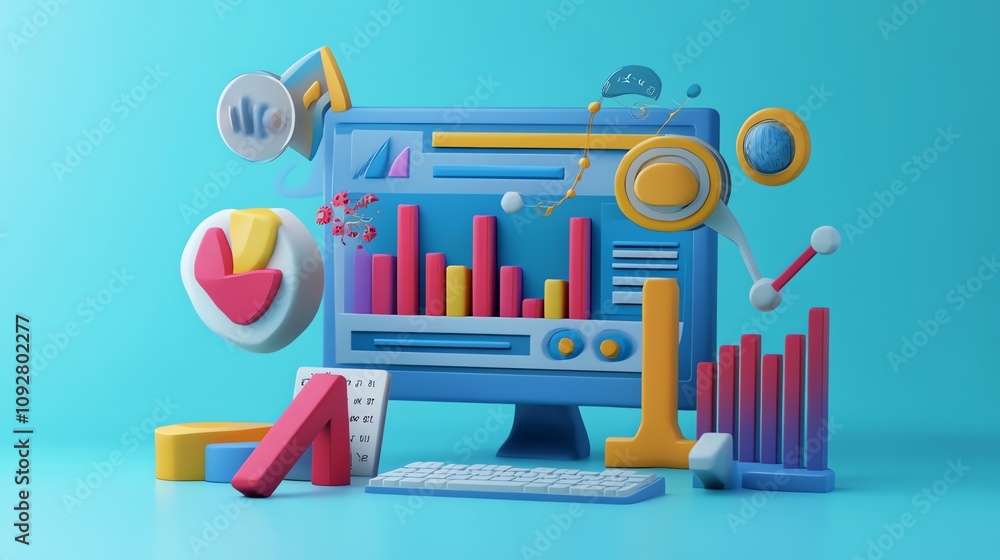 Poster a 3d rendering of a computer screen with a graph showing growth and various colorful data visualizat
