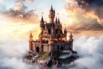 Obraz premium Enchanting Fantasy Castle Surrounded by Dreamy Clouds in a Digital Painting with Vibrant Colors and Magical Atmosphere at Sunset