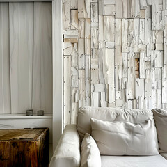 Minimalist home interior design of modern living room. Rustic chic living area showcasing raw wood panel plank wall, white sofa and natural-toned accents for a modern organic feel.