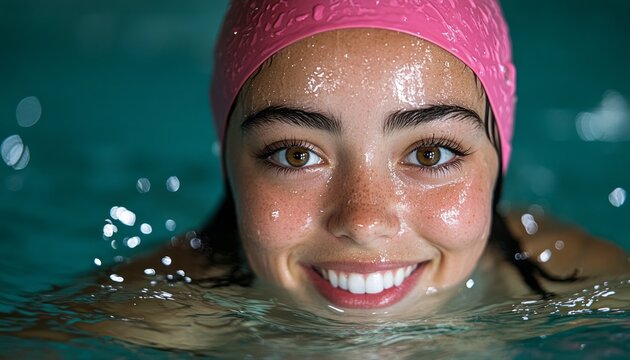 Young swimmer with a pink cap smiles while swimming in a bright, clear pool