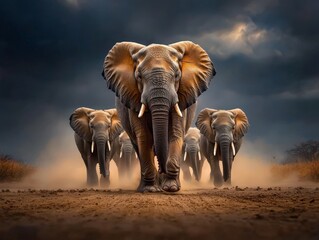 A Majestic Herd of Elephants Walking in Single File Across a Dusty Landscape Under a Dramatic Sky