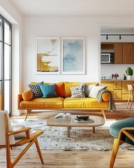 Scandinavian home interior design of modern studio living room. Cozy living area with yellow sofa, wooden coffee table, patterned rug, and open view of minimalist kitchen.