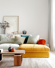 Minimalist home interior design of modern living room with a yellow sofa adorned with colorful cushions, wooden coffee table and minimalistic decor, bathed in natural light.