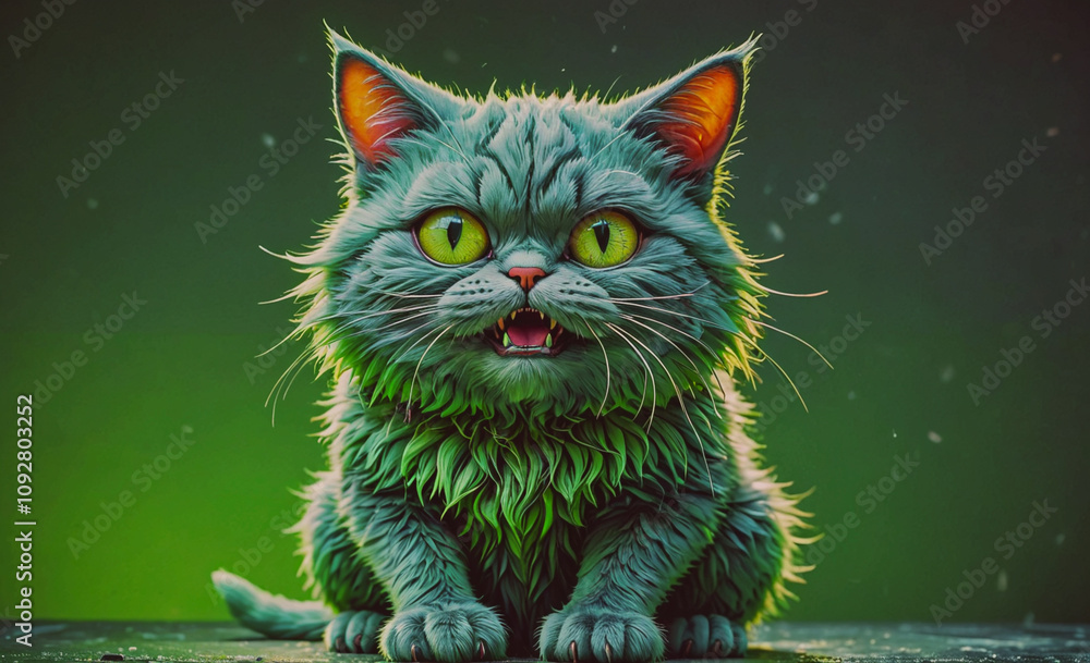 Poster cat with green fur is sitting on a table. it has green eyes and is looking at the camera