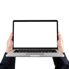 Businessman hand holding a laptop with blank screen mockup isolated on white background, business concept