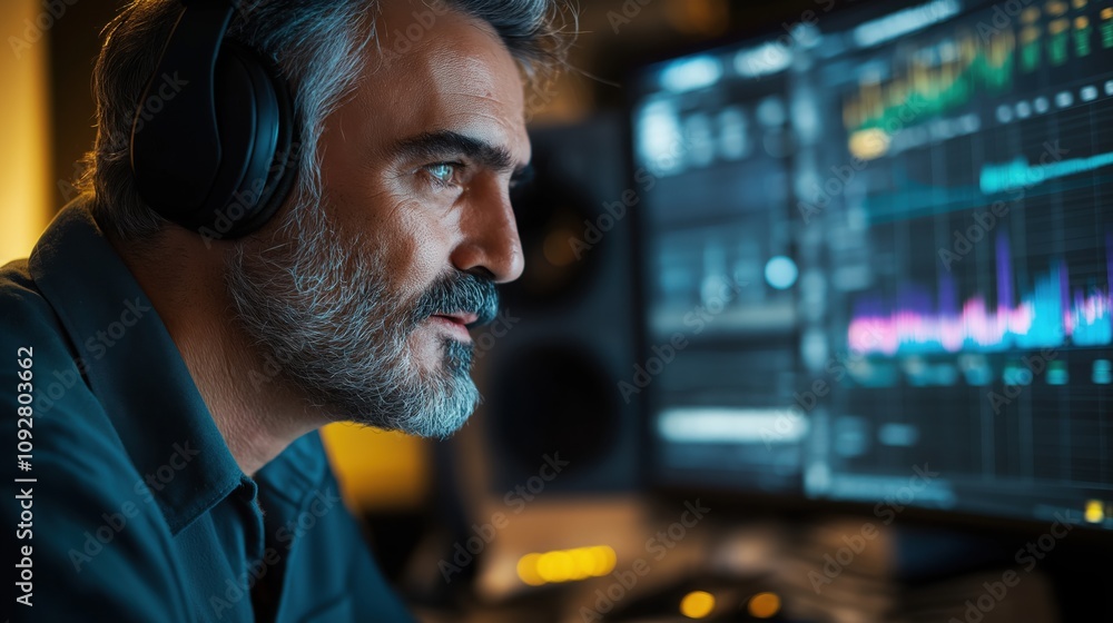Poster a focused man with headphones analyzes data on a computer screen, showcasing a modern workspace with
