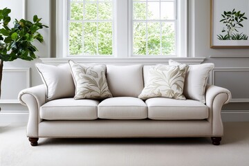 Elegant Neutral Toned Sofa in a Simple Living Room Setup Surrounded by Natural Light and Tasteful Decor Enhancing Comfortable Home Atmosphere