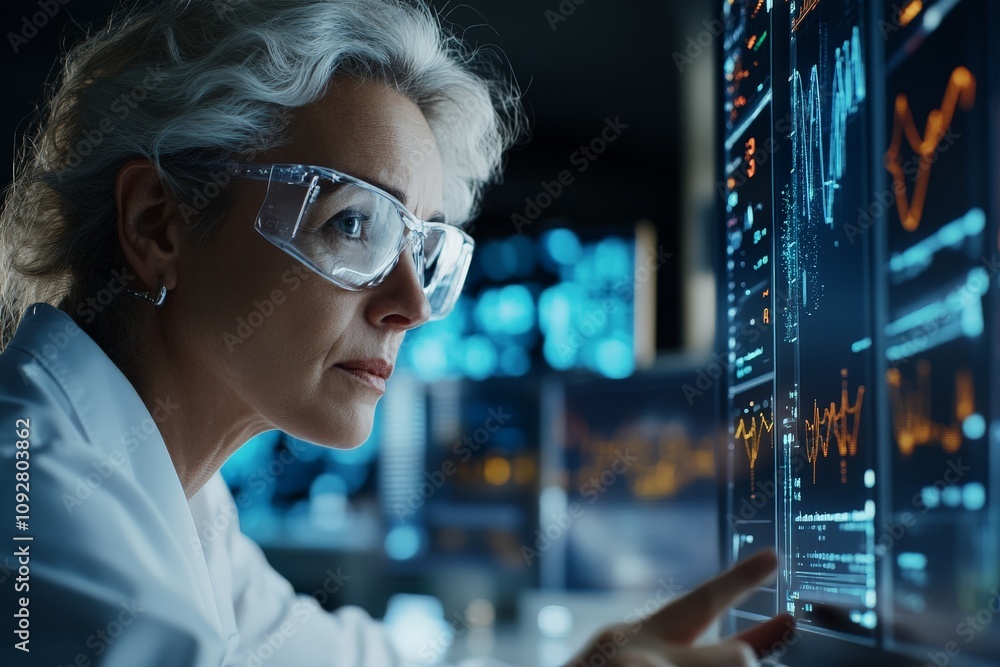Poster a focused scientist in a lab coat and safety glasses examines complex data visualizations on multipl
