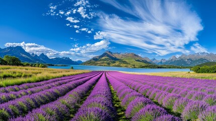 Obraz premium Majestic Panoramic View of Vibrant Lavender Fields in Full Bloom Against a Scenic Backdrop of Mountains and Bright Blue Sky