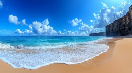 Obraz premium Stunning Panoramic View of a Serene Sandy Beach with Gentle Waves and Bright Blue Sky Under Fluffy Clouds Perfect for Travel and Nature Imagery
