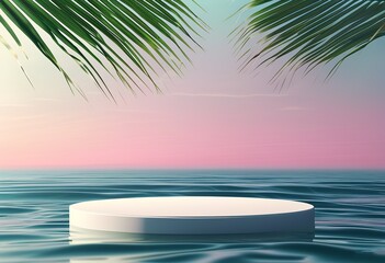Obraz premium Blank podium placed against a serene ocean backdrop with subtle wave reflections and pulm leaves. Made with generative AI technology