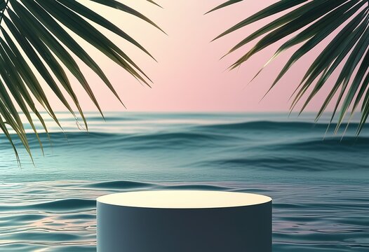Blank podium placed against a serene ocean backdrop with subtle wave reflections and pulm leaves. Made with generative AI technology