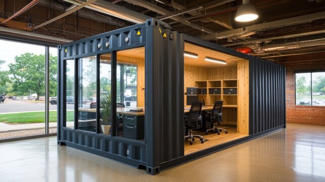 Modern office space designed within a shipping container, featuring a minimalist interior.
