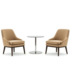Two brown armchairs with round table isolated on white background, interior home decoration design