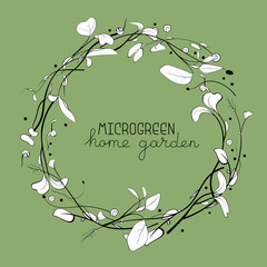Microgreen circle  frame with peas, onion, cress, beet seeds. Healthy green seedlings. Hand drawn vector illustration