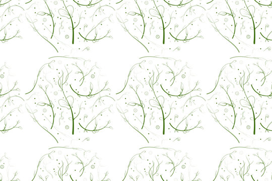 Seamless pattern young leaves seedlings. Peas Microgreen in circle frame. Raw sprouts, healthy eating concept. Vector illustration
